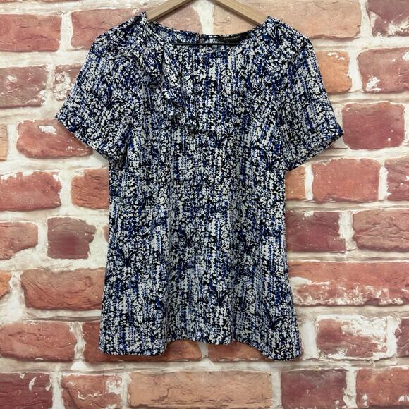 Banana Republic Top Women's S Blue Multicolor Floral Abstract Pleated Neck Shirt - Picture 1 of 8